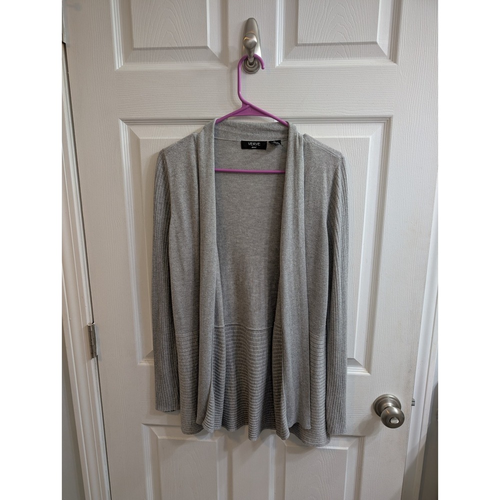 Verve Ami Womens Silver Ribbed Knit‎ Open Front Cardigan Sweater - Size L